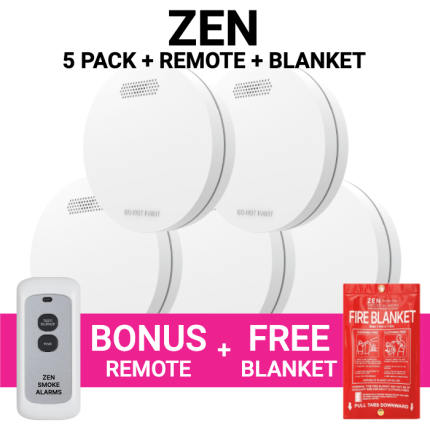 ZEN Photoelectric Smoke Alarms - 5 pack with bonus remote and free fire blanket