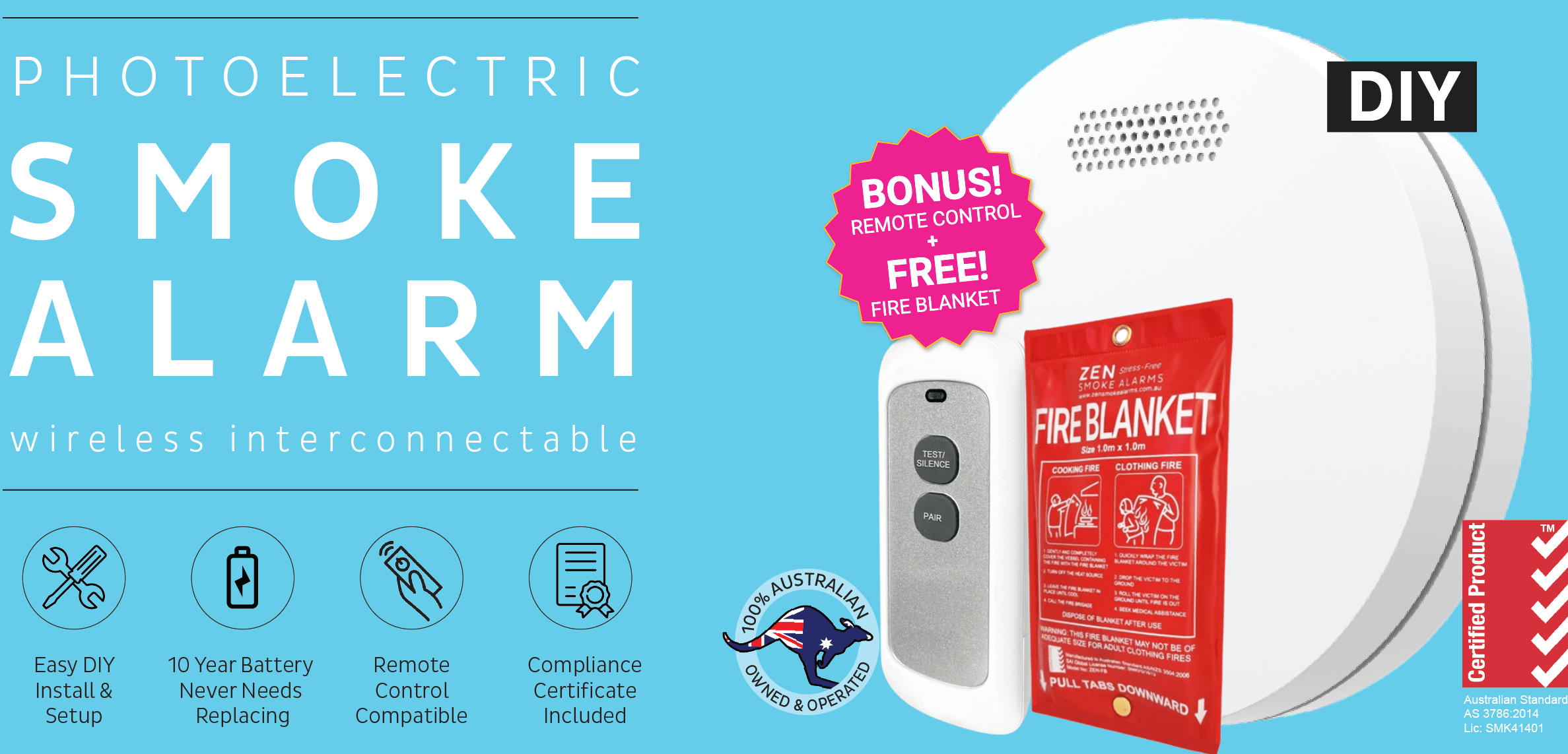 ZEN Photoelectric Wireless Interconnected Smoke Alarms - Bonus Remote & Free Fire Blanket